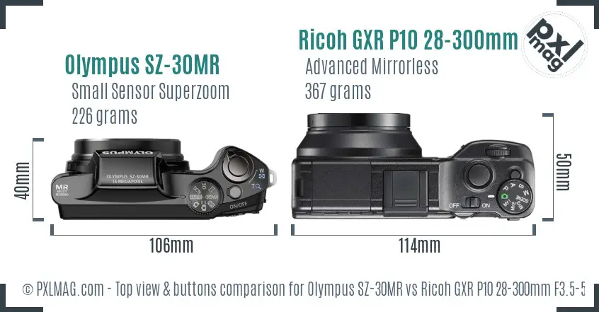 Olympus SZ-30MR vs Ricoh GXR P10 28-300mm F3.5-5.6 VC top view buttons comparison Olympus SZ-30MR vs Ricoh GXR P10 28-300mm F3.5-5.6 VC top view buttons comparison