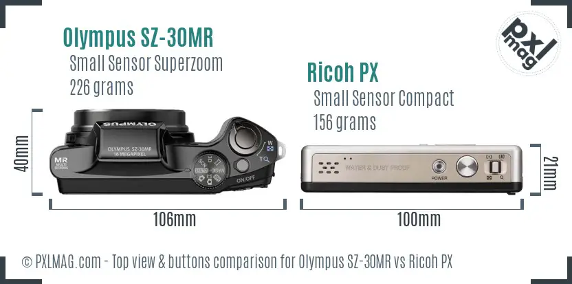 Olympus SZ-30MR vs Ricoh PX top view buttons comparison