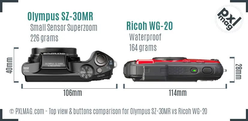 Olympus SZ-30MR vs Ricoh WG-20 top view buttons comparison