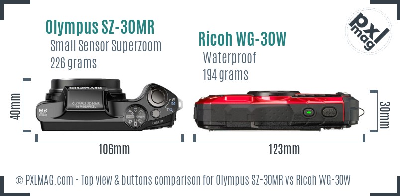 Olympus SZ-30MR vs Ricoh WG-30W top view buttons comparison