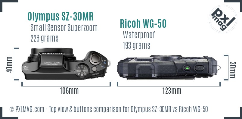 Olympus SZ-30MR vs Ricoh WG-50 top view buttons comparison