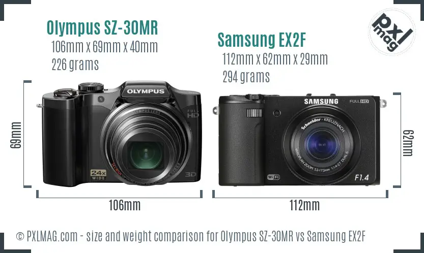 Olympus SZ-30MR vs Samsung EX2F size comparison