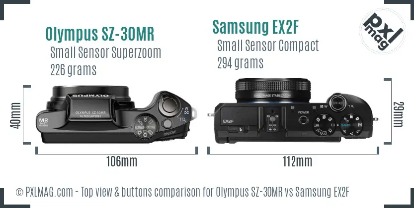 Olympus SZ-30MR vs Samsung EX2F top view buttons comparison