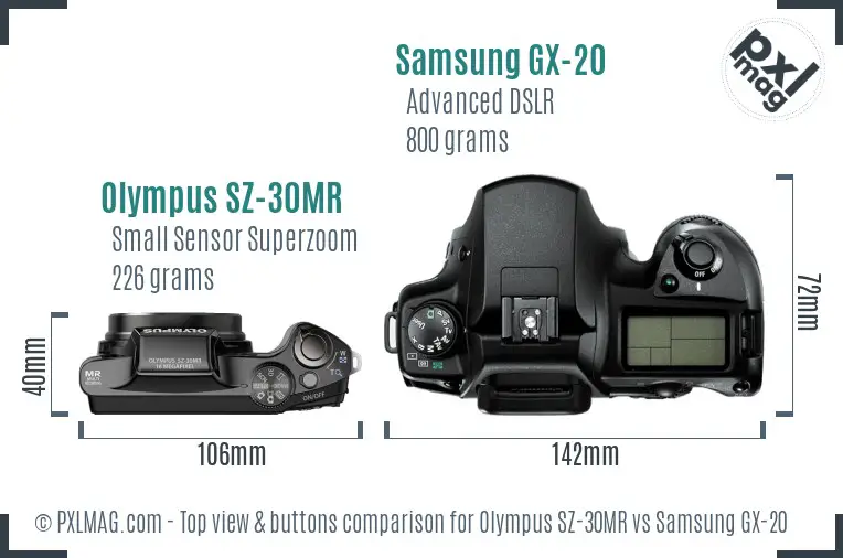 Olympus SZ-30MR vs Samsung GX-20 top view buttons comparison