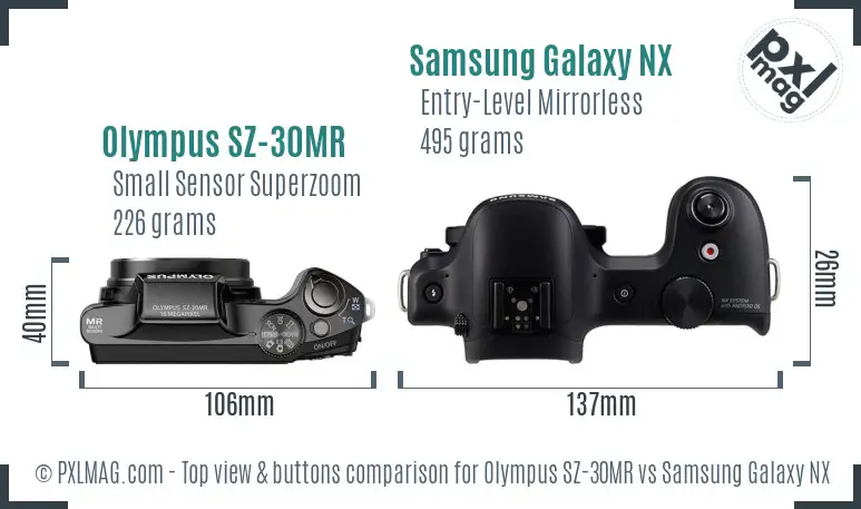 Olympus SZ-30MR vs Samsung Galaxy NX top view buttons comparison