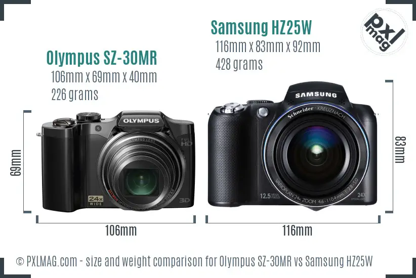 Olympus SZ-30MR vs Samsung HZ25W size comparison