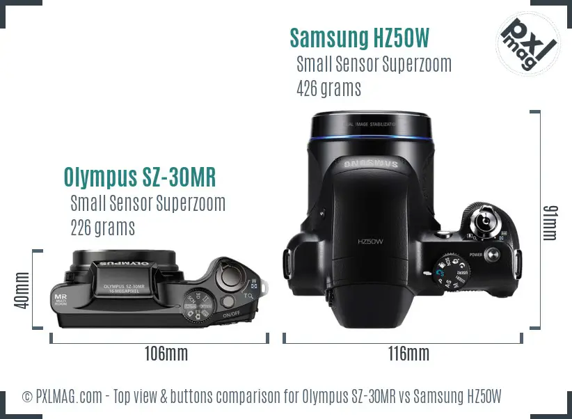 Olympus SZ-30MR vs Samsung HZ50W top view buttons comparison Olympus SZ-30MR vs Samsung HZ50W top view buttons comparison