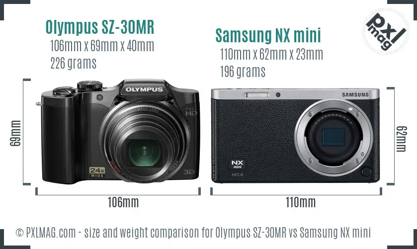 Olympus SZ-30MR vs Samsung NX mini size comparison