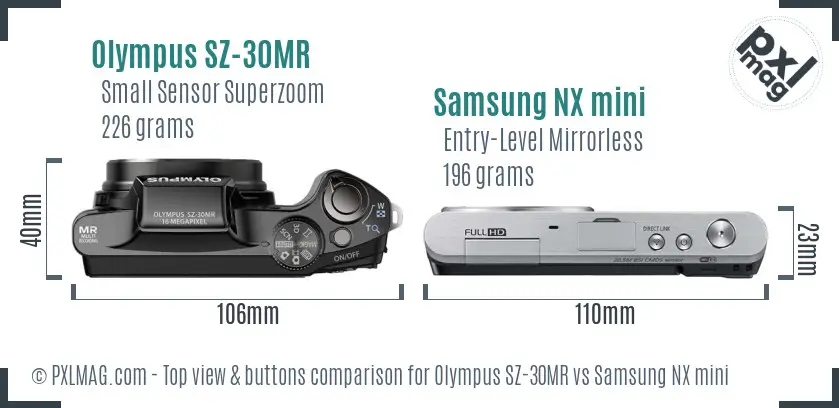 Olympus SZ-30MR vs Samsung NX mini top view buttons comparison