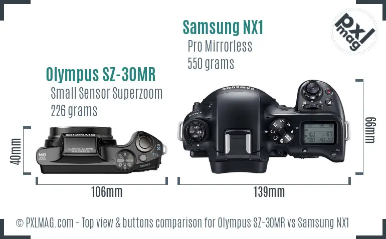 Olympus SZ-30MR vs Samsung NX1 top view buttons comparison