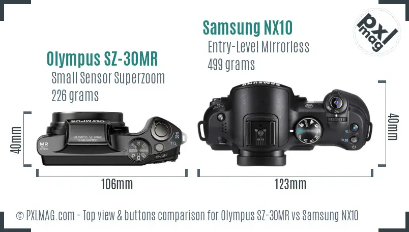 Olympus SZ-30MR vs Samsung NX10 top view buttons comparison