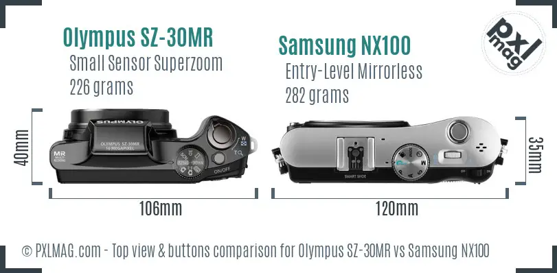 Olympus SZ-30MR vs Samsung NX100 top view buttons comparison