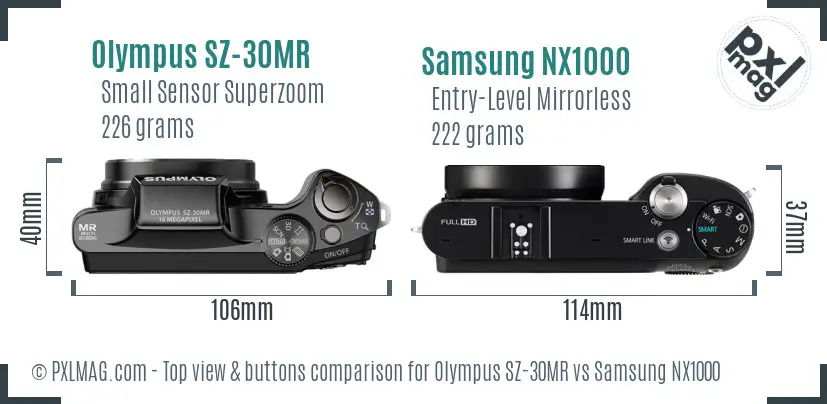 Olympus SZ-30MR vs Samsung NX1000 top view buttons comparison