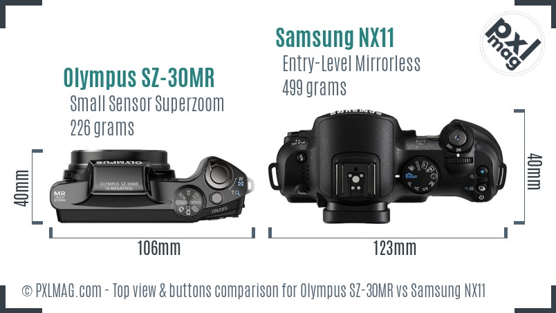 Olympus SZ-30MR vs Samsung NX11 top view buttons comparison