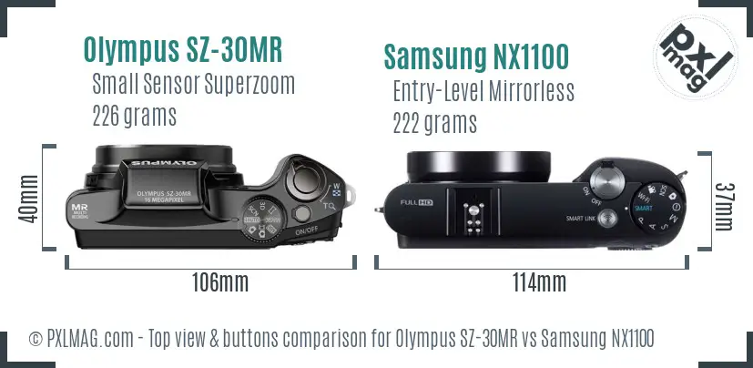 Olympus SZ-30MR vs Samsung NX1100 top view buttons comparison Olympus SZ-30MR vs Samsung NX1100 top view buttons comparison