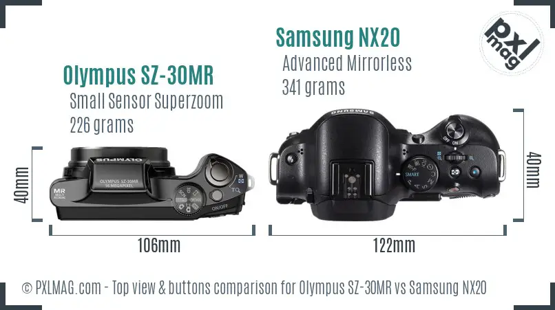 Olympus SZ-30MR vs Samsung NX20 top view buttons comparison Olympus SZ-30MR vs Samsung NX20 top view buttons comparison