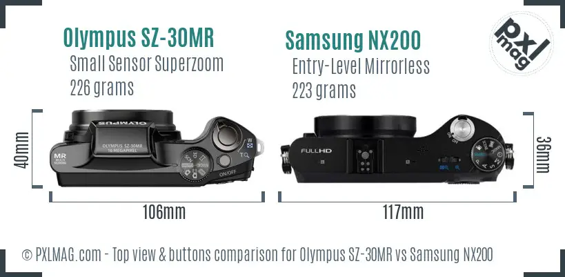 Olympus SZ-30MR vs Samsung NX200 top view buttons comparison