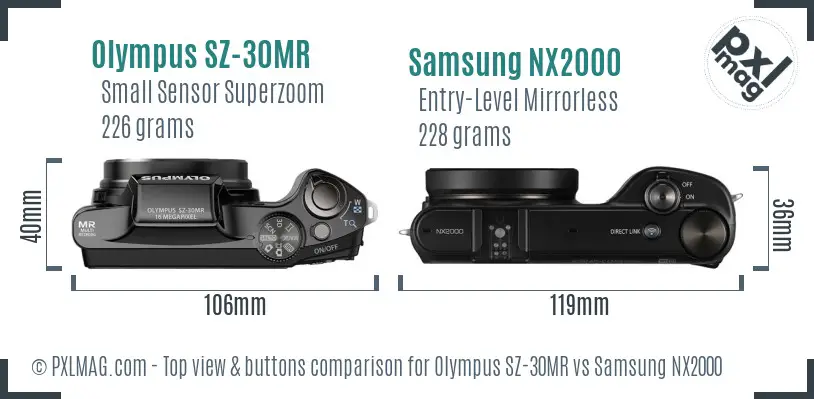 Olympus SZ-30MR vs Samsung NX2000 top view buttons comparison Olympus SZ-30MR vs Samsung NX2000 top view buttons comparison