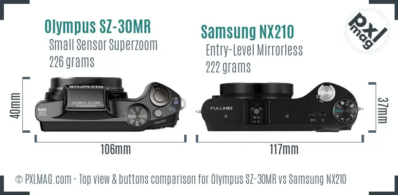 Olympus SZ-30MR vs Samsung NX210 top view buttons comparison