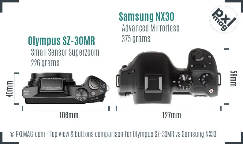 Olympus SZ-30MR vs Samsung NX30 top view buttons comparison