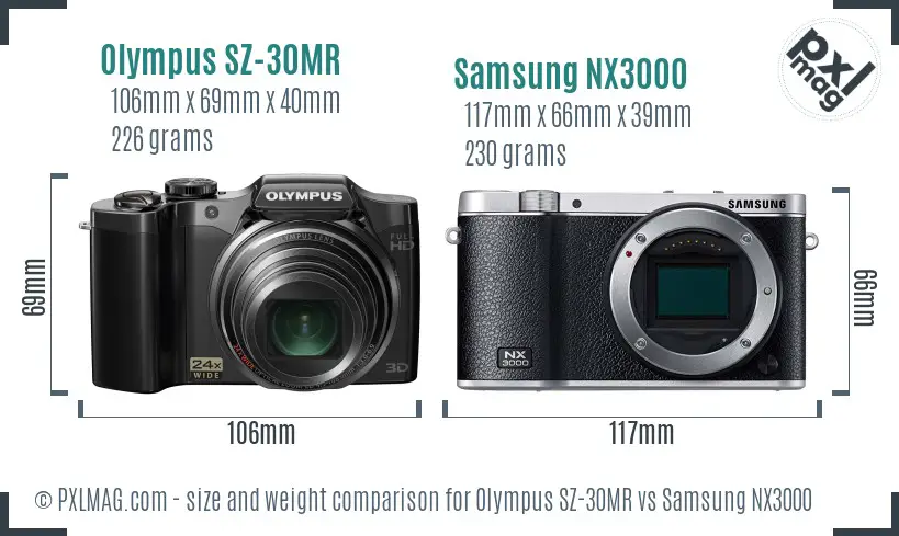 Olympus SZ-30MR vs Samsung NX3000 size comparison