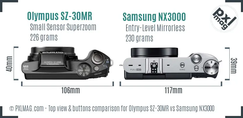 Olympus SZ-30MR vs Samsung NX3000 top view buttons comparison
