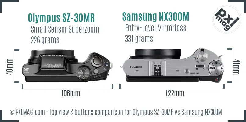 Olympus SZ-30MR vs Samsung NX300M top view buttons comparison