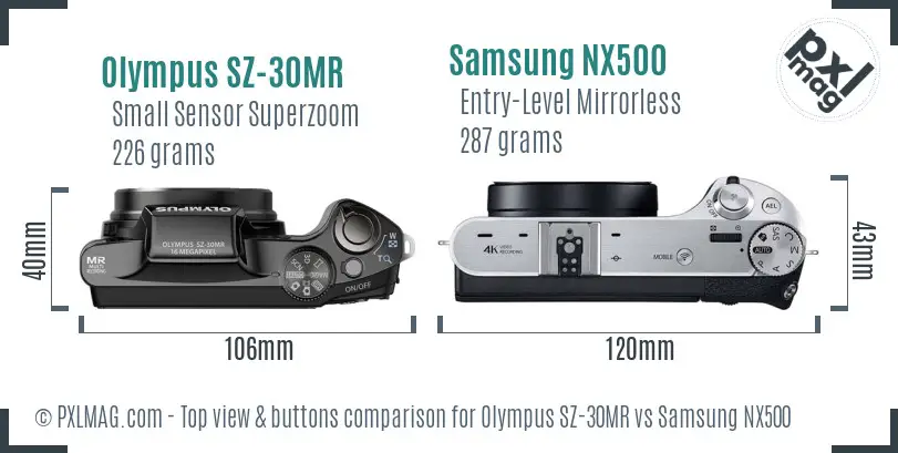 Olympus SZ-30MR vs Samsung NX500 top view buttons comparison Olympus SZ-30MR vs Samsung NX500 top view buttons comparison