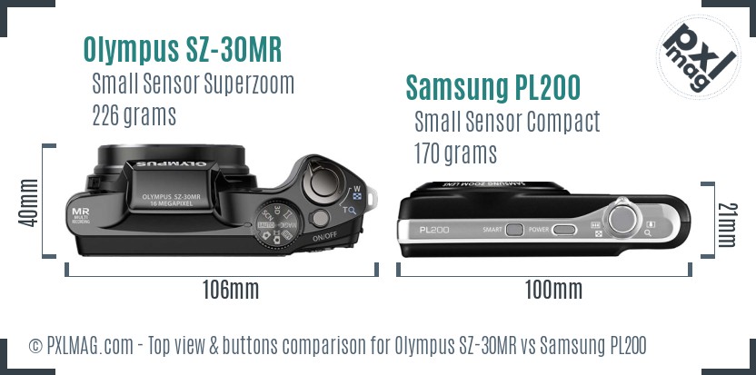 Olympus SZ-30MR vs Samsung PL200 top view buttons comparison