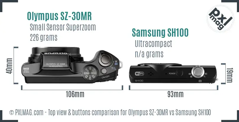 Olympus SZ-30MR vs Samsung SH100 top view buttons comparison