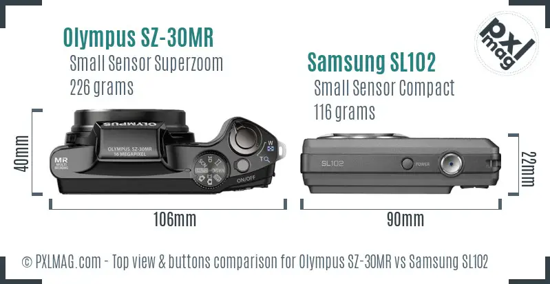 Olympus SZ-30MR vs Samsung SL102 top view buttons comparison