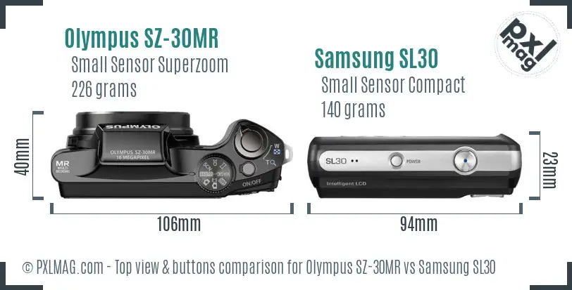 Olympus SZ-30MR vs Samsung SL30 top view buttons comparison