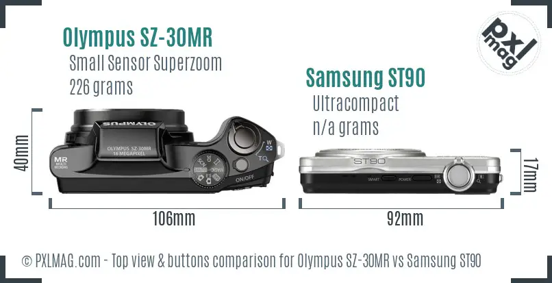 Olympus SZ-30MR vs Samsung ST90 top view buttons comparison