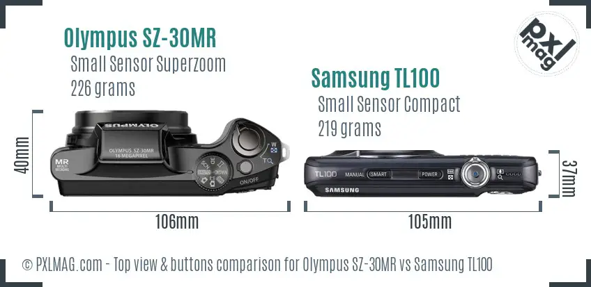 Olympus SZ-30MR vs Samsung TL100 top view buttons comparison