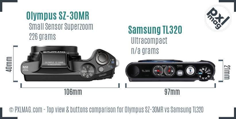 Olympus SZ-30MR vs Samsung TL320 top view buttons comparison