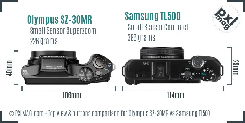 Olympus SZ-30MR vs Samsung TL500 top view buttons comparison