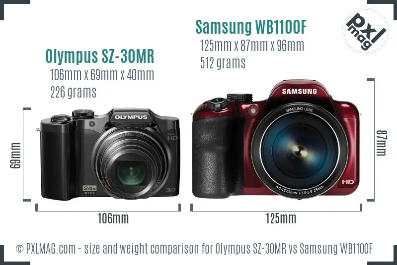 Olympus SZ-30MR vs Samsung WB1100F size comparison