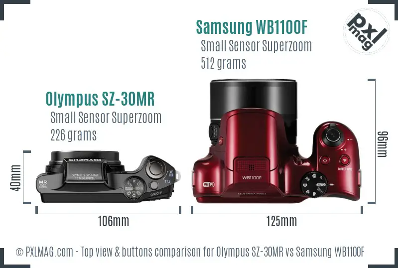 Olympus SZ-30MR vs Samsung WB1100F top view buttons comparison