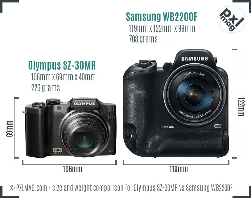 Olympus SZ-30MR vs Samsung WB2200F size comparison