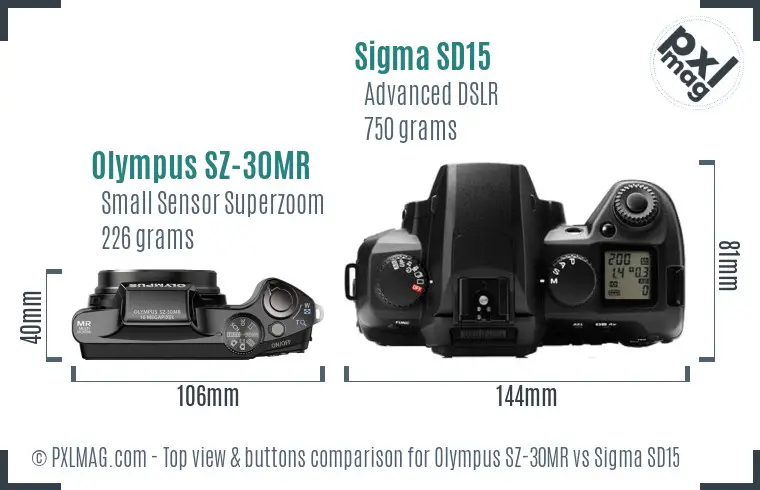 Olympus SZ-30MR vs Sigma SD15 top view buttons comparison Olympus SZ-30MR vs Sigma SD15 top view buttons comparison