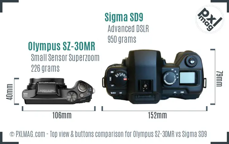 Olympus SZ-30MR vs Sigma SD9 top view buttons comparison