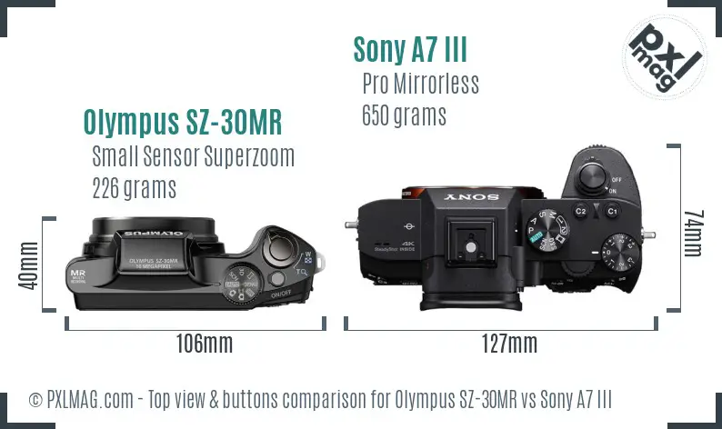 Olympus SZ-30MR vs Sony A7 III top view buttons comparison