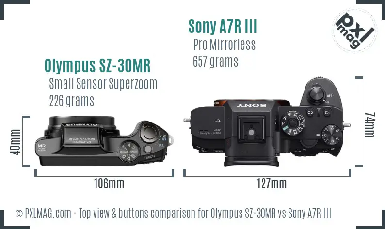 Olympus SZ-30MR vs Sony A7R III top view buttons comparison