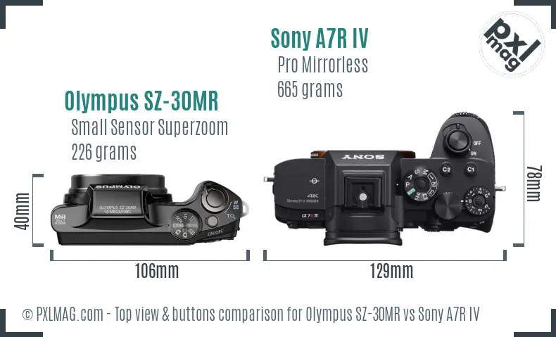 Olympus SZ-30MR vs Sony A7R IV top view buttons comparison