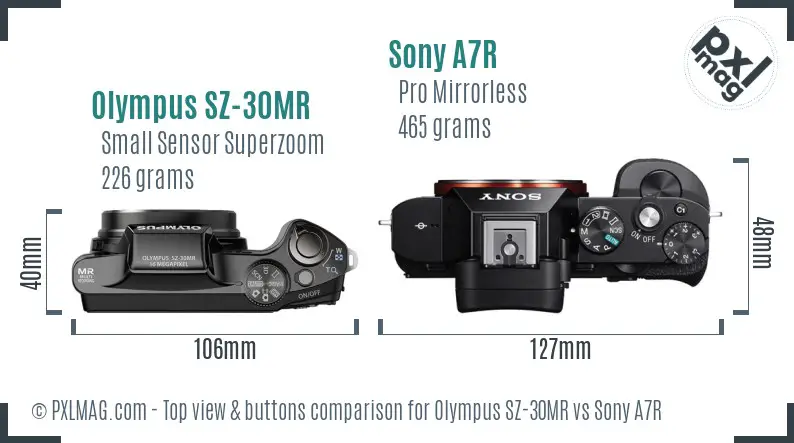 Olympus SZ-30MR vs Sony A7R top view buttons comparison