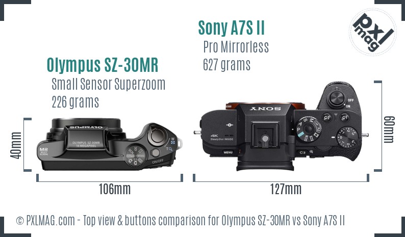 Olympus SZ-30MR vs Sony A7S II top view buttons comparison