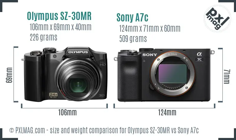 Olympus SZ-30MR vs Sony A7c size comparison