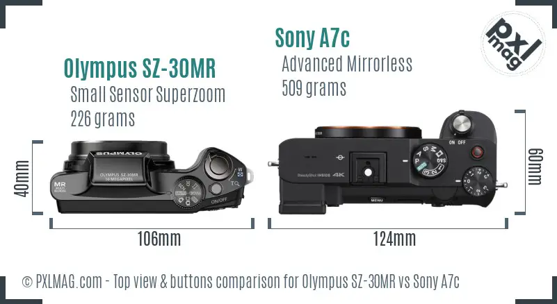 Olympus SZ-30MR vs Sony A7c top view buttons comparison