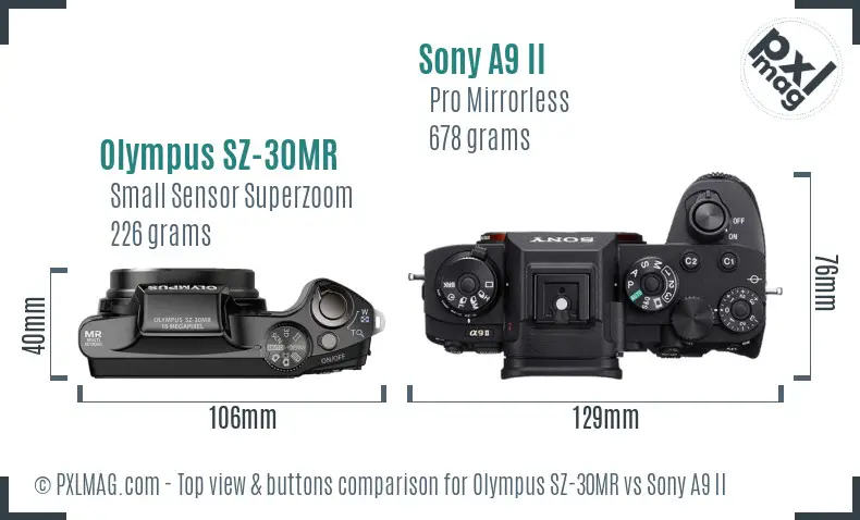 Olympus SZ-30MR vs Sony A9 II top view buttons comparison