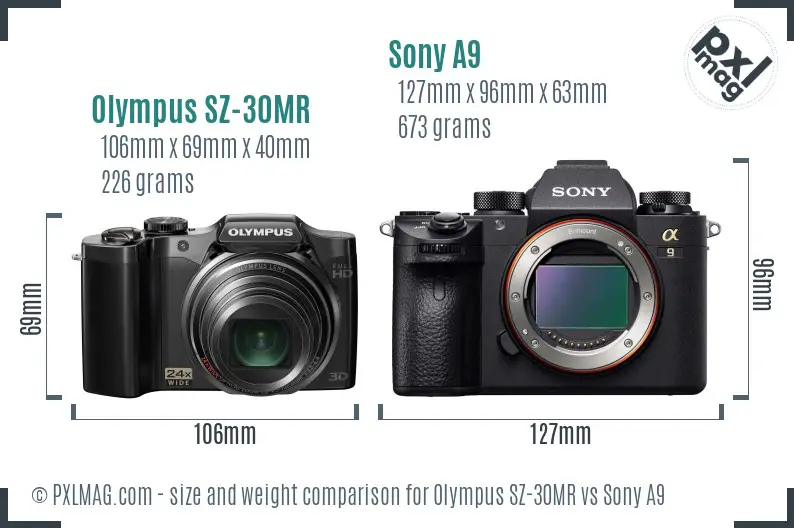 Olympus SZ-30MR vs Sony A9 size comparison